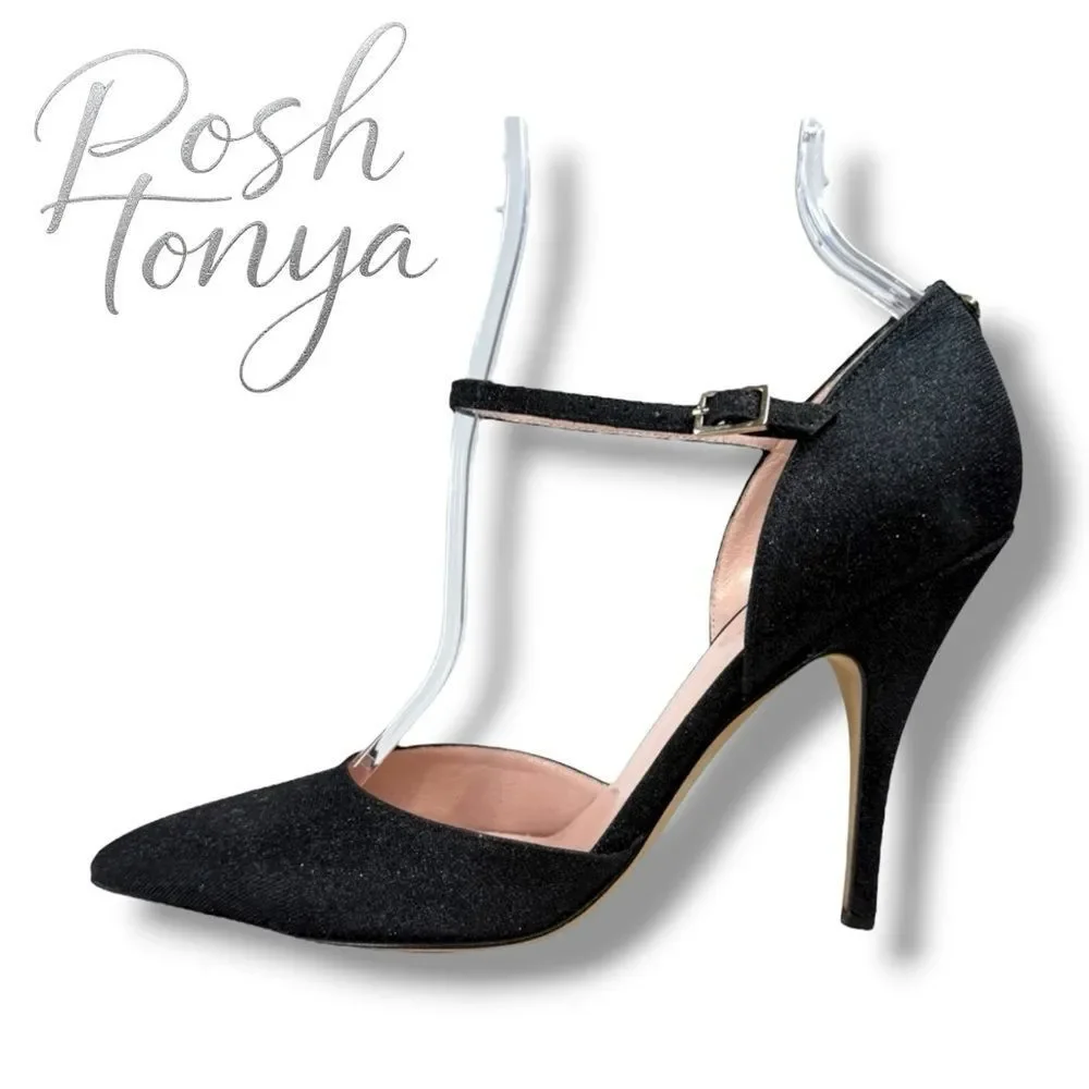 Kate Spade Black Shimmer Womens Pointed Toe D'Orsay Pumps Ankle Strap Heels Sz 7